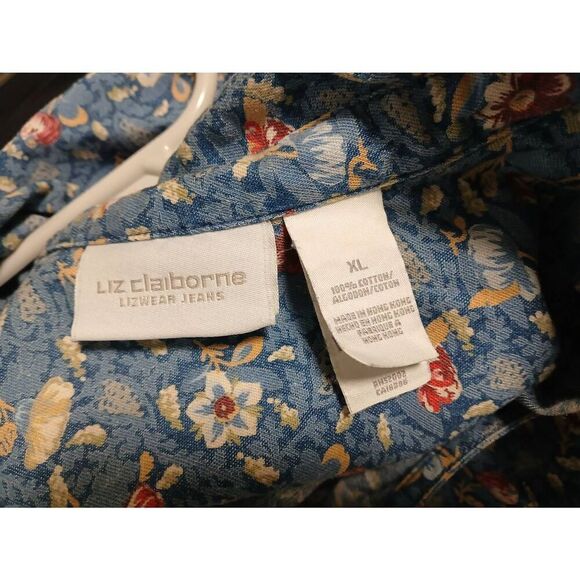 Vintage 90's Liz Claiborne womens xl ditsy Floral wrap tie blue red denim top - Picture 5 of 5